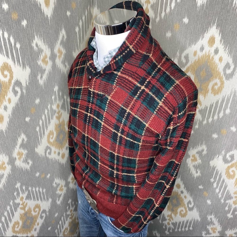 Polo Ralph Lauren Red & Green Multi Tartan Plaid Shawl Collar L/S Sweater - Picture 13 of 16